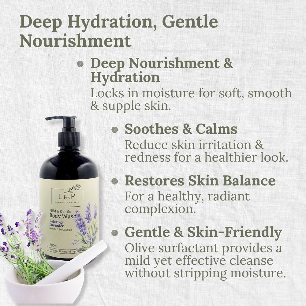 Mild & Gentle Body Wash, Relaxing Lavender, Soothe, Moisturize, L&P Organic and Natural