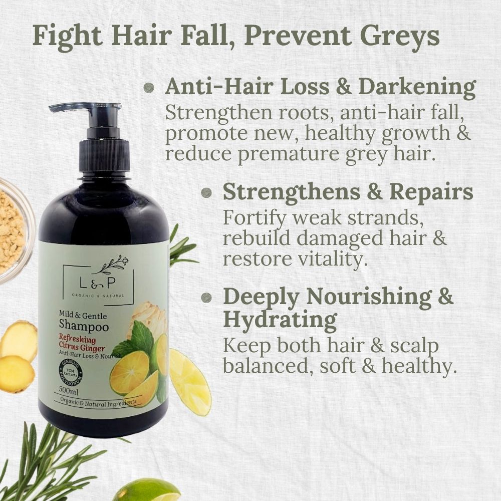 Mild & Gentle Shampoo, Refreshing Citrus Ginger, Anti-Hair Loss, Nourishing, L&P Organic and Natural