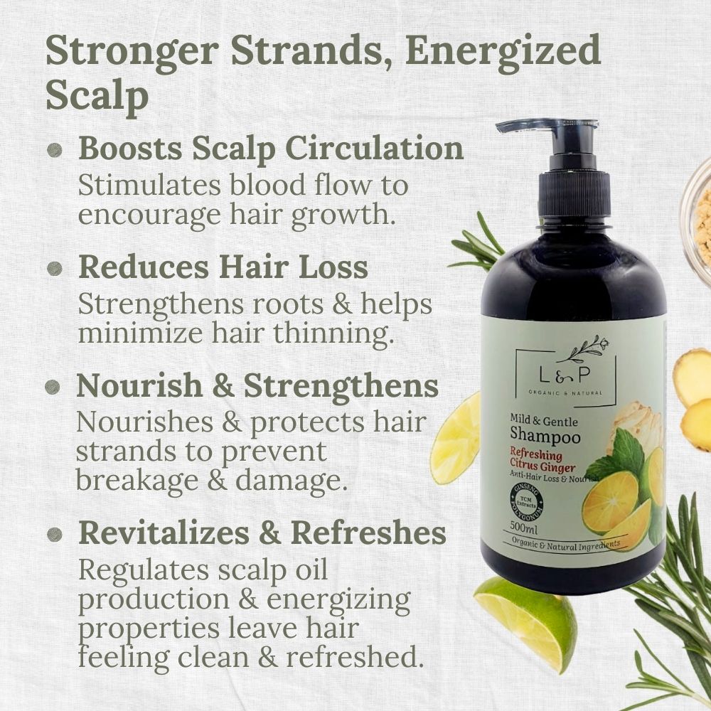 Mild & Gentle Shampoo, Refreshing Citrus Ginger, Anti-Hair Loss, Nourishing, L&P Organic and Natural