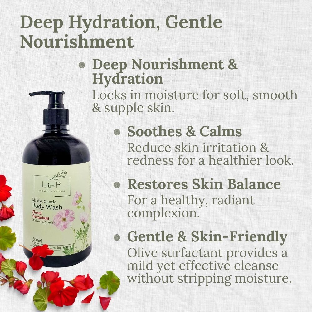Mild & Gentle Body Wash, Floral Geranium, Radiant, Nourishing, L&P Organic and Natural
