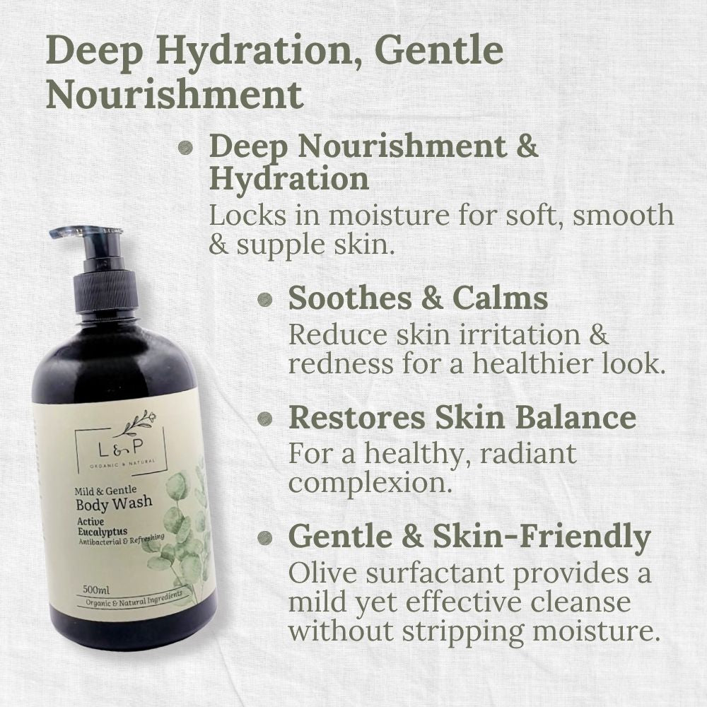 Mild & Gentle Body Wash, Active Eucalyptus, Antibacterial, Refreshing, L&P Organic and Natural