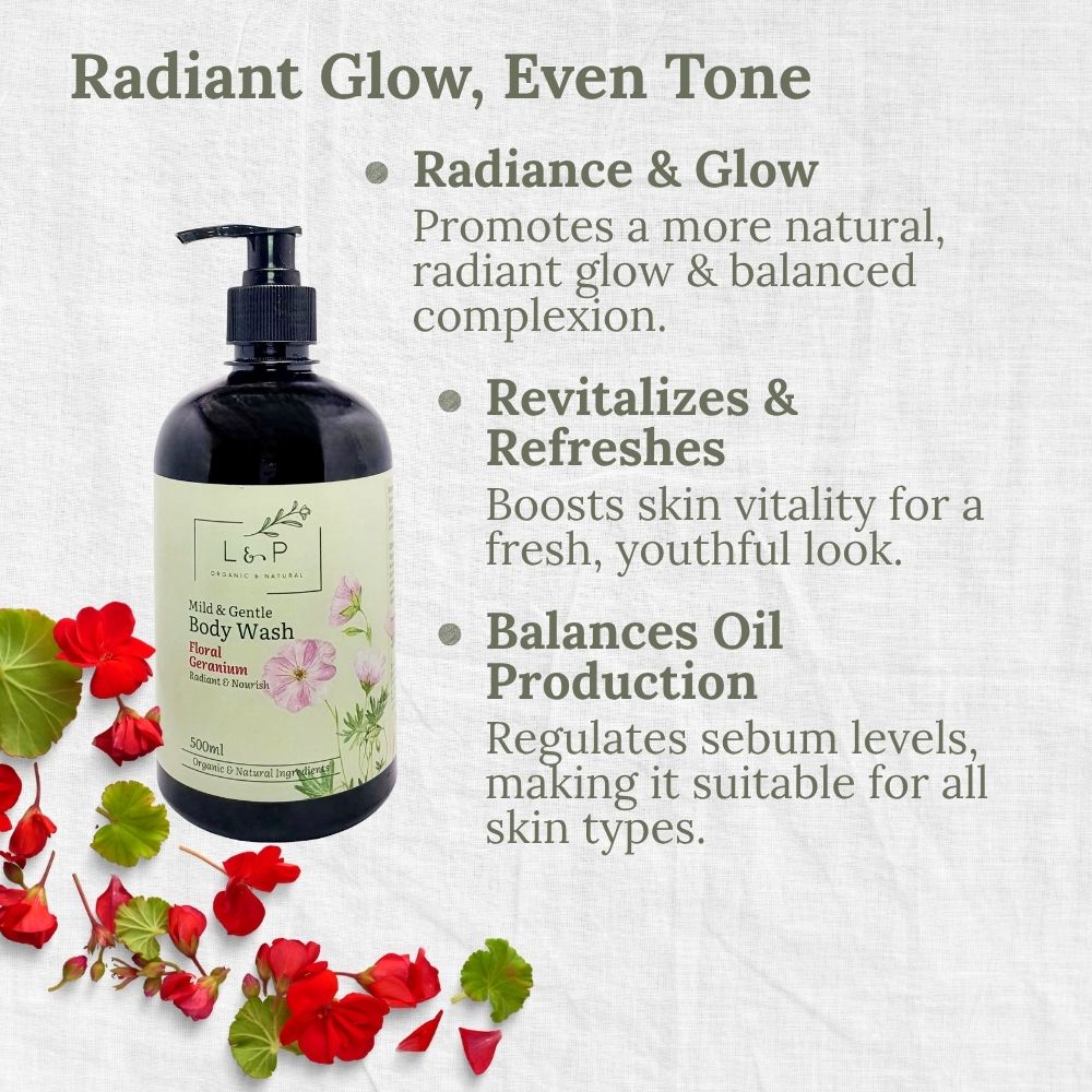 Mild & Gentle Body Wash, Floral Geranium, Radiant, Nourishing, L&P Organic and Natural