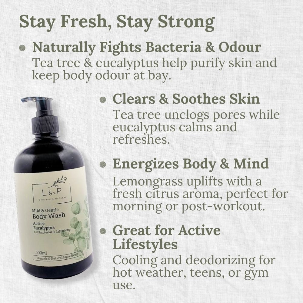 Mild & Gentle Body Wash, Active Eucalyptus, Antibacterial, Refreshing, L&P Organic and Natural
