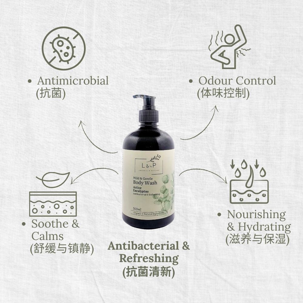 Mild & Gentle Body Wash, Active Eucalyptus, Antibacterial, Refreshing, L&P Organic and Natural