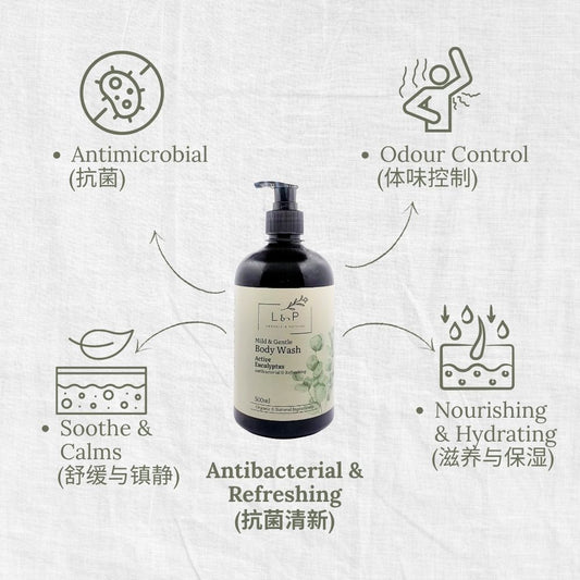Mild & Gentle Body Wash, Active Eucalyptus, Antibacterial, Refreshing, L&P Organic and Natural