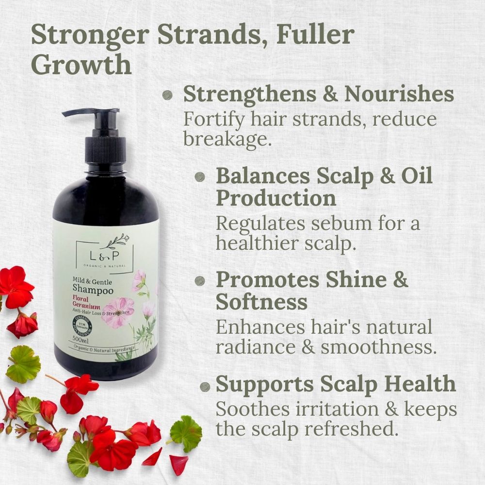 Mild & Gentle Shampoo, Geranium, Anti-Hair Loss, Strengthen, L&P Organic and Natural