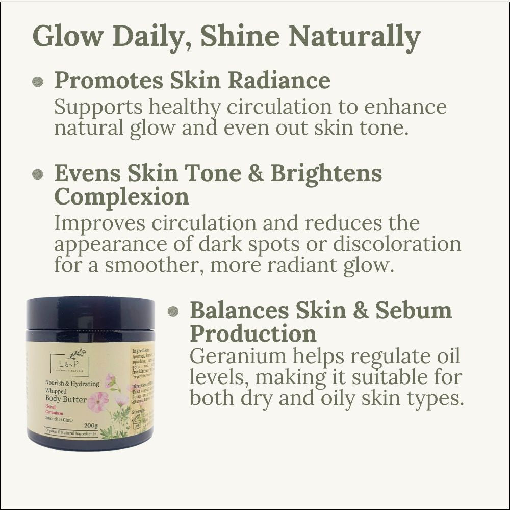 Nourish & Hydrating Whipped Body Butter, 200g, Floral Geranium, Glow, Smooth, L&P Organic and Natural