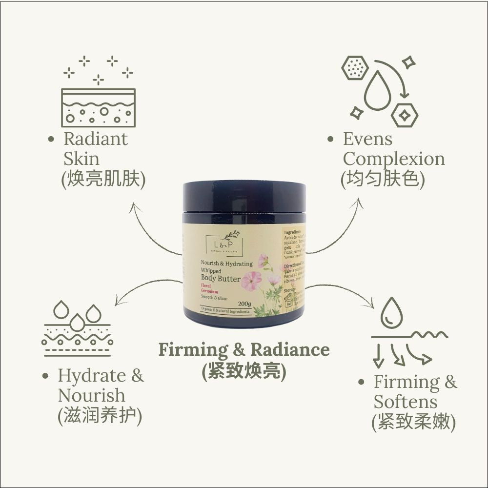 Nourish & Hydrating Whipped Body Butter, 200g, Floral Geranium, Glow, Smooth, L&P Organic and Natural