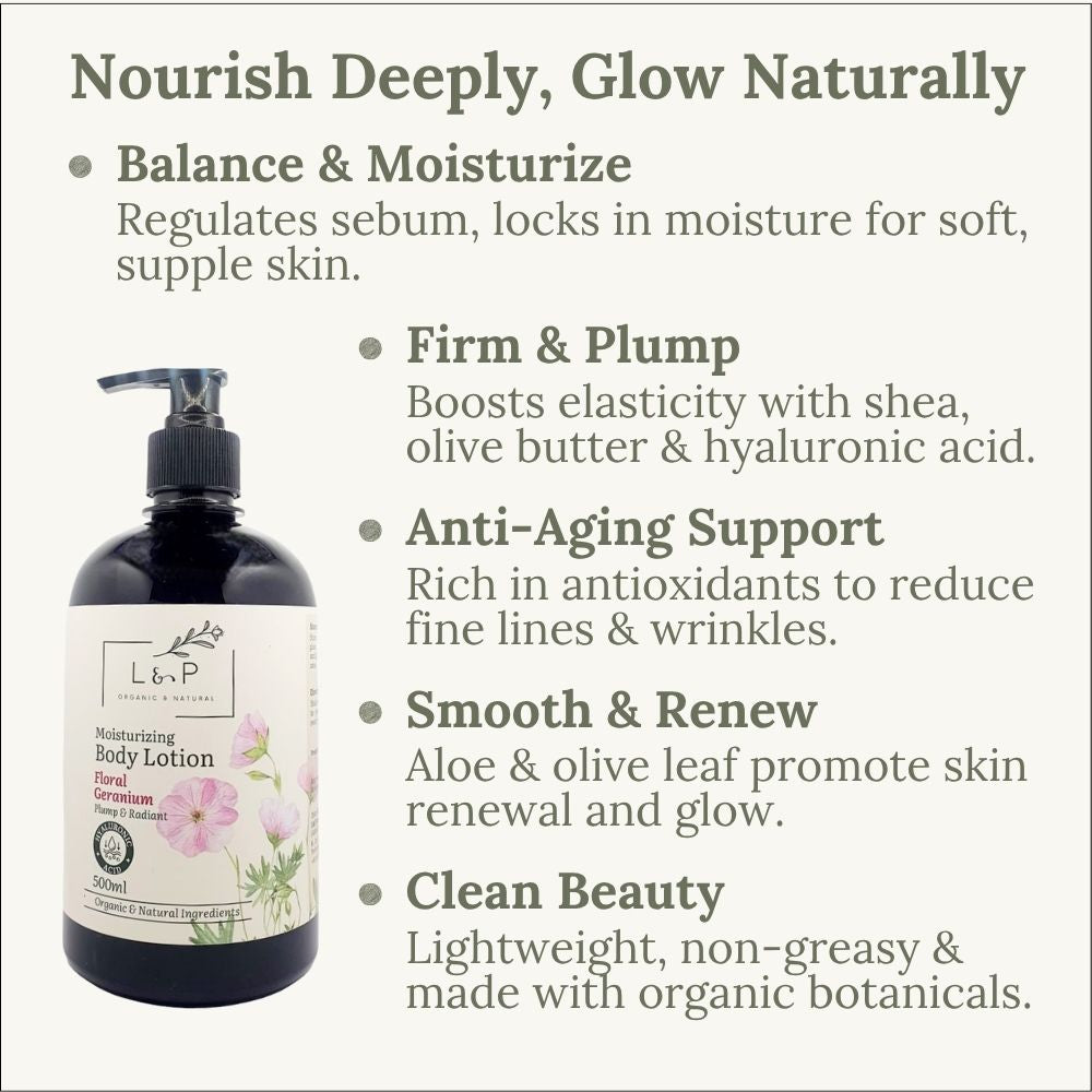 Moisturizing Body Lotion, Floral Geranium, Plump, Radiant, L&P Organic and Natural