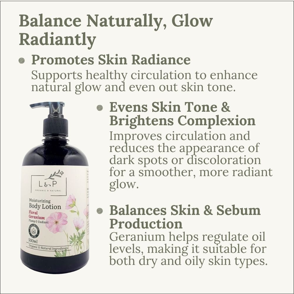Moisturizing Body Lotion, Floral Geranium, Plump, Radiant, L&P Organic and Natural