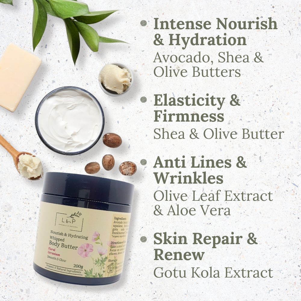 Nourish & Hydrating Whipped Body Butter, 200g, Floral Geranium, Glow, Smooth, L&P Organic and Natural