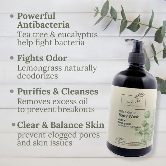 Mild & Gentle Body Wash, Active Eucalyptus, Antibacterial, Refreshing, L&P Organic and Natural