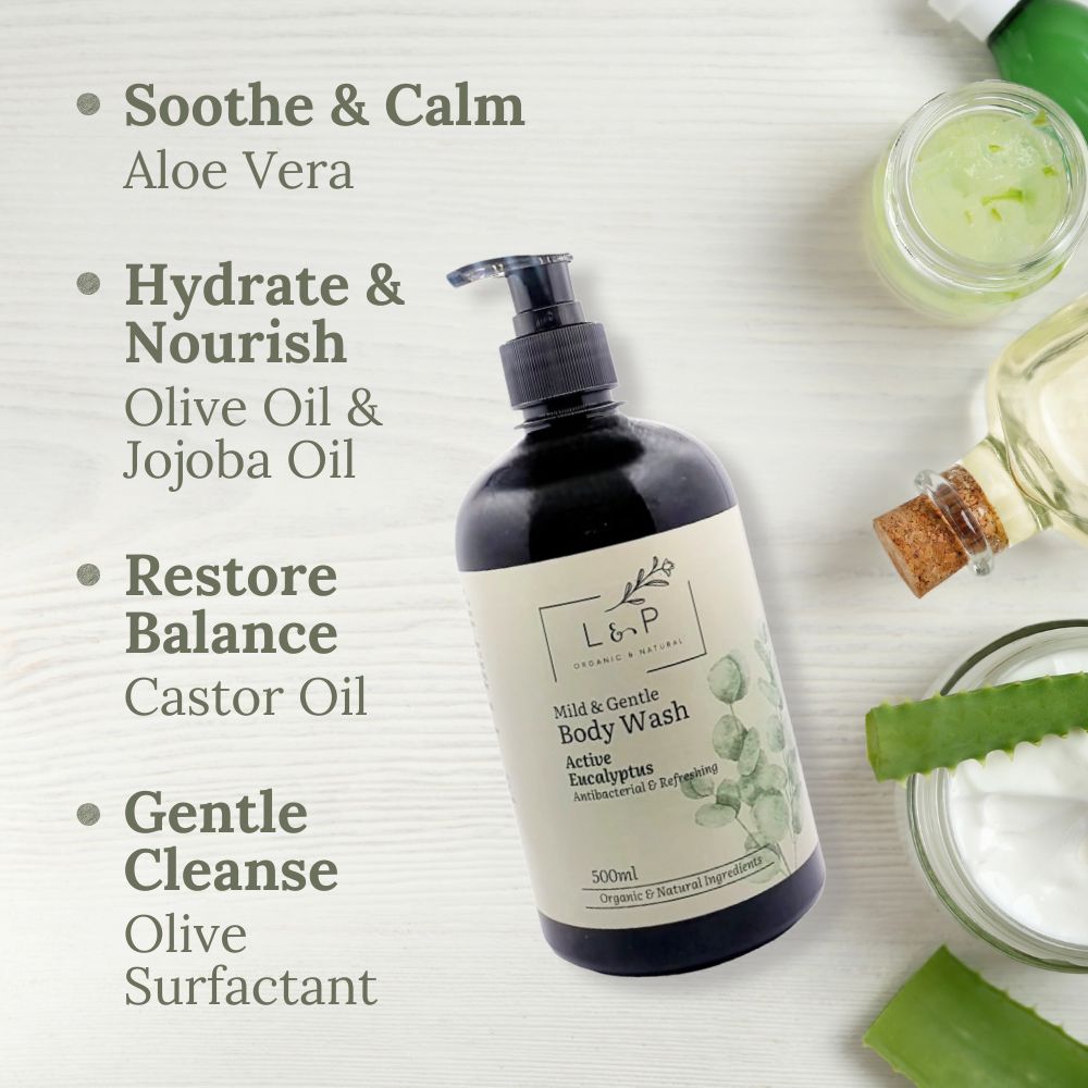 Mild & Gentle Body Wash, Active Eucalyptus, Antibacterial, Refreshing, L&P Organic and Natural