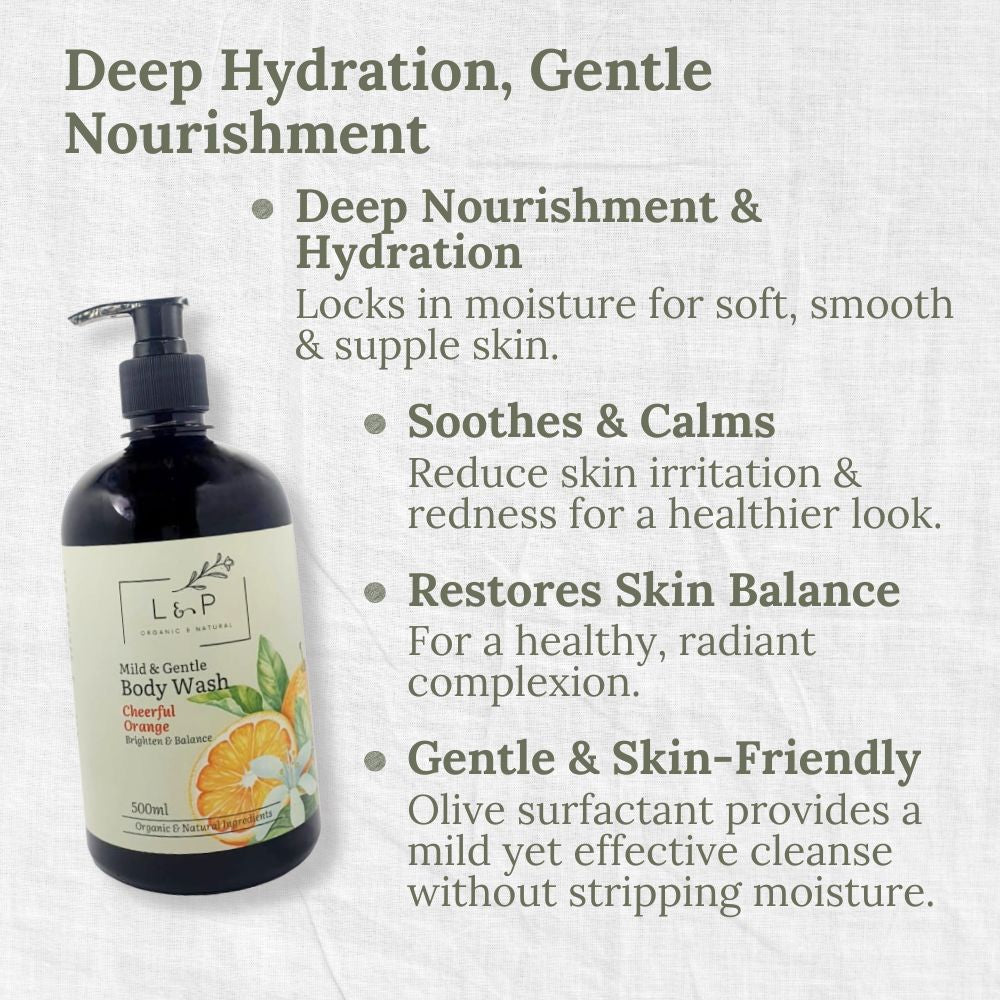 Mild & Gentle Body Wash, Cheerful Orange, Brighten, Radiance, L&P Organic and Natural