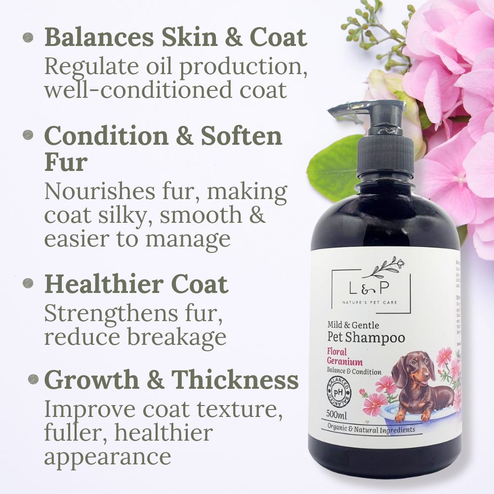 Mild & Gentle Pet Shampoo, Floral Geranium, Balance, Condition, L&P Organic and Natural