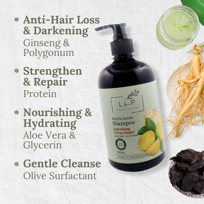 Mild & Gentle Shampoo, Refreshing Citrus Ginger, Anti-Hair Loss, Nourishing, L&P Organic and Natural