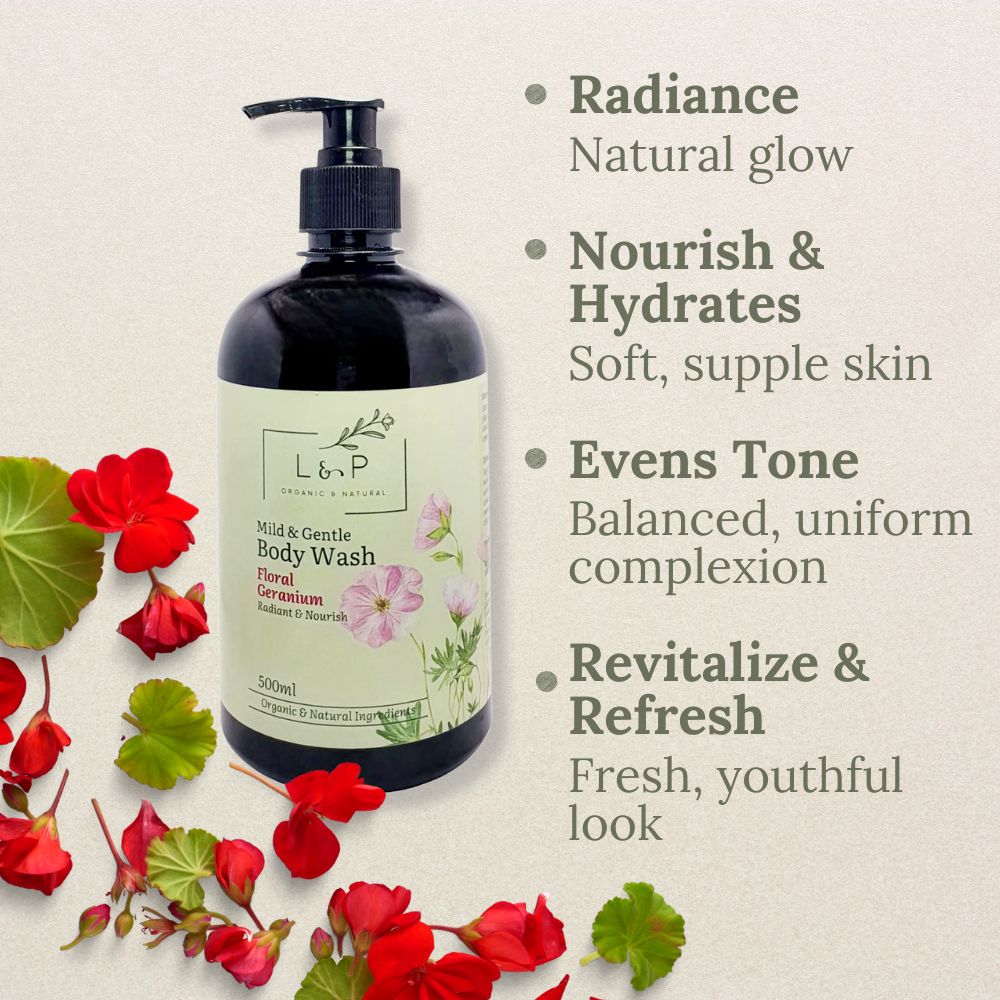 Mild & Gentle Body Wash, Floral Geranium, Radiant, Nourishing, L&P Organic and Natural