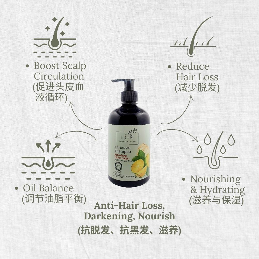 Mild & Gentle Shampoo, Refreshing Citrus Ginger, Anti-Hair Loss, Nourishing, L&P Organic and Natural