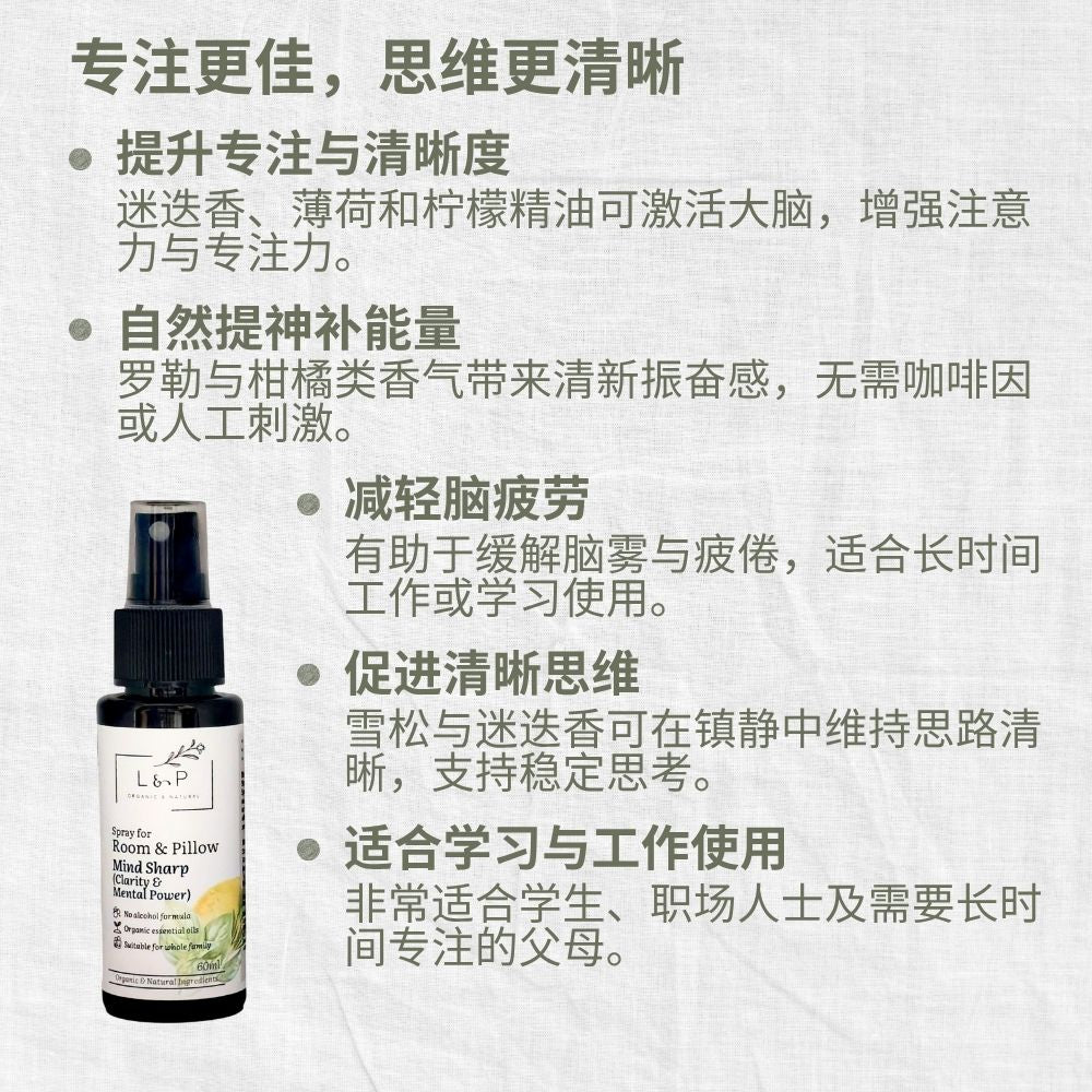 Room & Pillow Spray, Mind Sharp, Clarity, Mental Power, L&P Organic and Natural