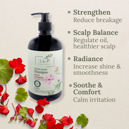 Mild & Gentle Shampoo, Geranium, Anti-Hair Loss, Strengthen, L&P Organic and Natural