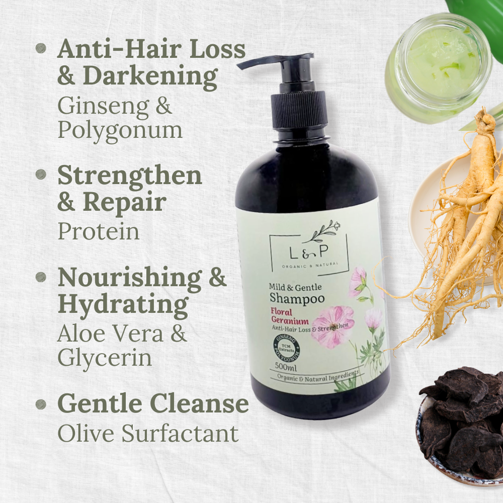 Mild & Gentle Shampoo, Geranium, Anti-Hair Loss, Strengthen, L&P Organic and Natural