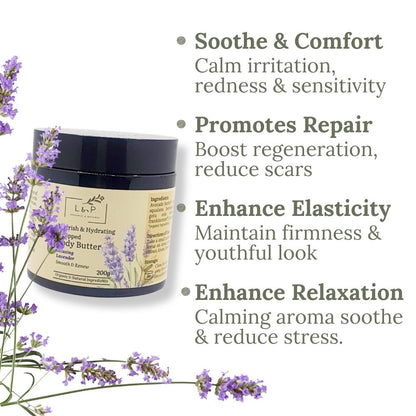 Nourish & Hydrating Whipped Body Butter, 200g, Relaxing Lavender, Renew, Smooth, L&P Organic and Natural