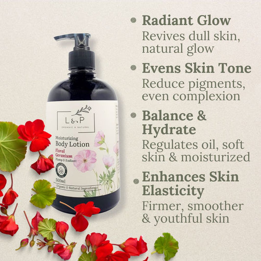 Moisturizing Body Lotion, Floral Geranium, Plump, Radiant, L&P Organic and Natural