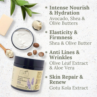 Nourish & Hydrating Whipped Body Butter, 200g, Relaxing Lavender, Renew, Smooth, L&P Organic and Natural