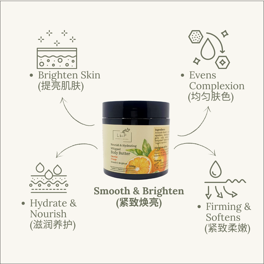 Nourish & Hydrating Whipped Body Butter, 200g, Cheerful Orange, Brighten, Smooth, L&P Organic and Natural