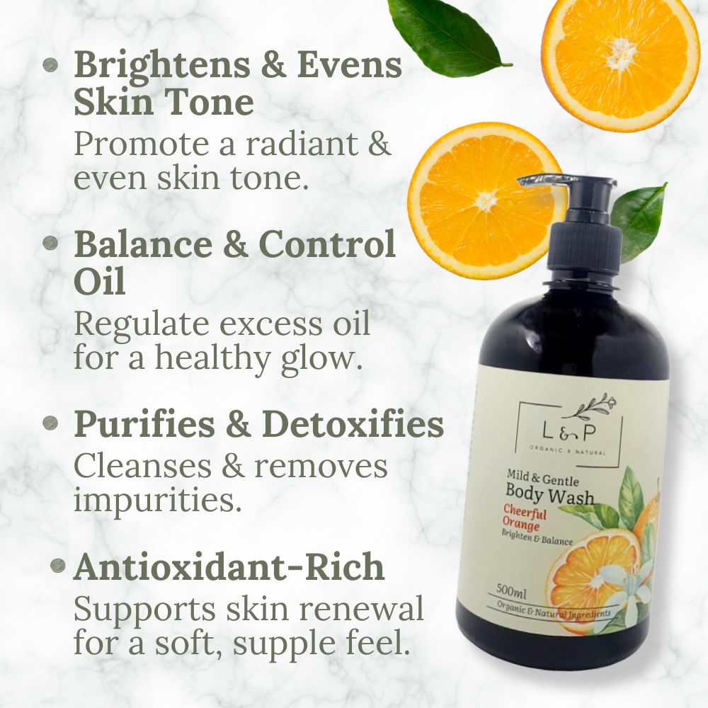 Mild & Gentle Body Wash, Cheerful Orange, Brighten, Radiance, L&P Organic and Natural