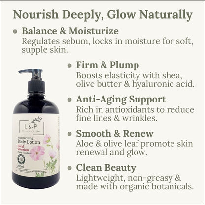 Moisturizing Body Lotion, Floral Geranium, Plump, Radiant, L&P Organic and Natural