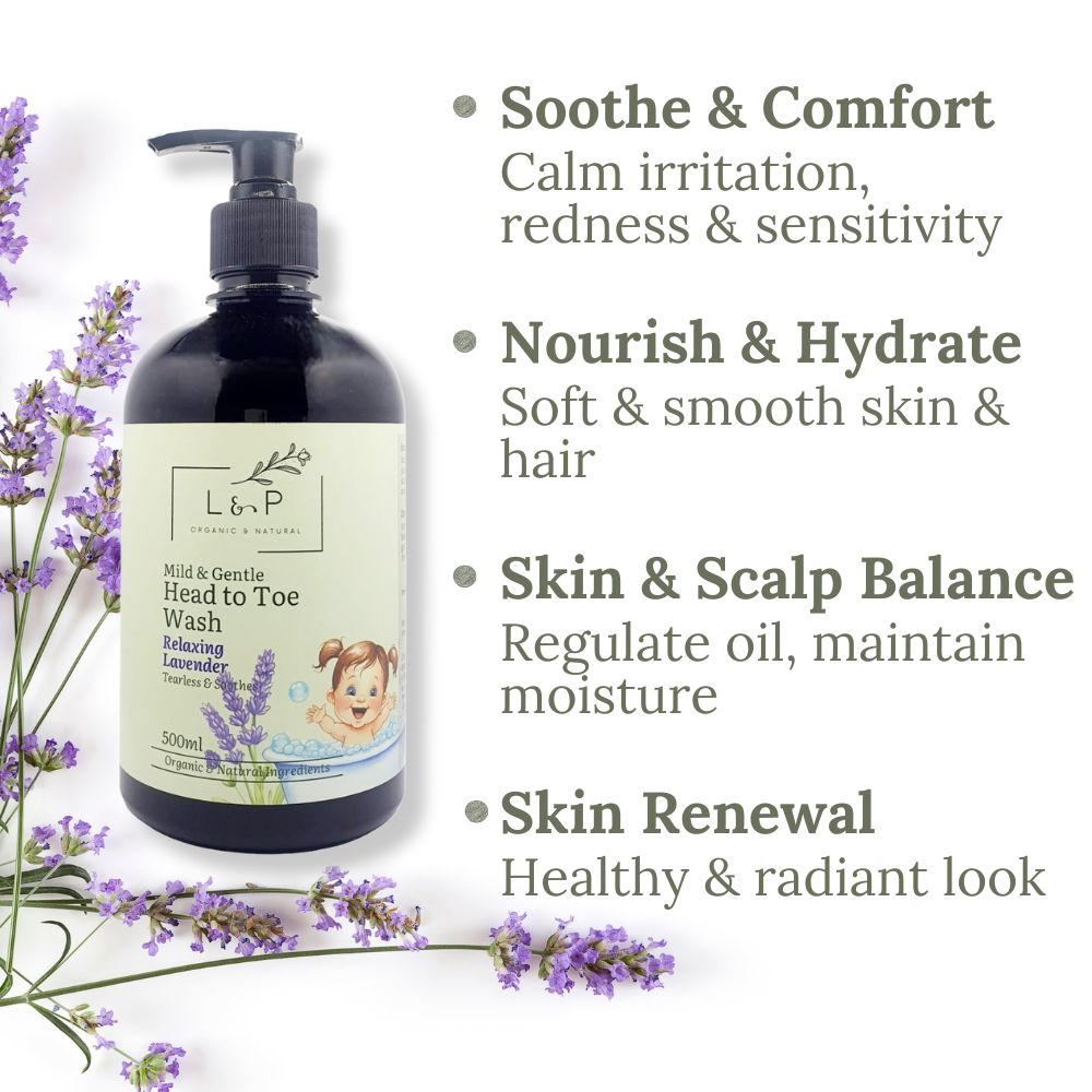 Mild & Gentle Head to Toe Wash, Relaxing Lavender, Soothe, Tearless, L&P Organic and Natural