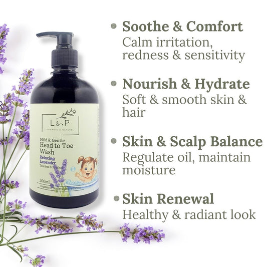 Mild & Gentle Head to Toe Wash, Relaxing Lavender, Soothe, Tearless, L&P Organic and Natural